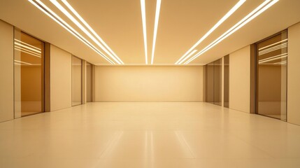 Spacious, brightly lit modernist empty room setting.