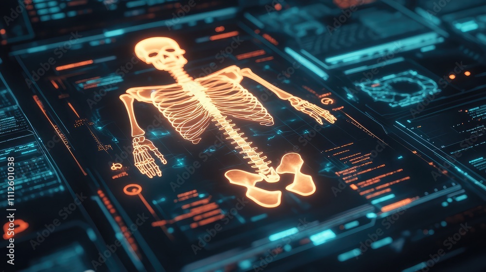 Poster a futuristic digital interface displaying a glowing skeleton diagram