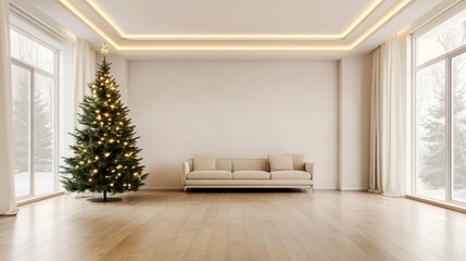 Bright room with elegant sofa and Christmas tree