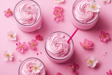 Fototapeta premium A delightful arrangement of pink drinks with floral toppings to entice your senses and inspire creativity.