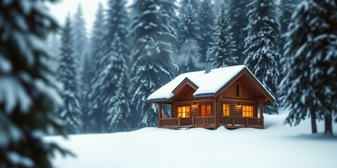 Fototapeta premium A Cozy Cabin Nestled in a Winter Wonderland, Bathed in Warm Light from Windows and Surrounded by Snow-Covered Evergreen Trees