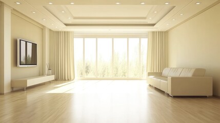 Fototapeta premium Bright living room with large windows and curtain drapes