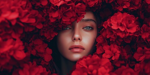 An emotive portrait emphasizing a woman's beauty among flowers.