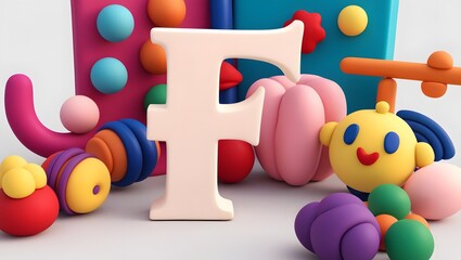 Fototapeta premium 3D Render of Letter 'F' Surrounded by Playful Colorful Objects with Stylized Clay Texture