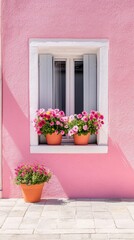 Naklejka premium Vibrant pink house in Burano, Italy with blooming flower pots creating a cheerful facade