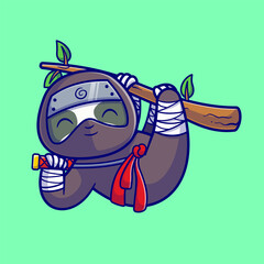 Cute Sloth Ninja Hanging On Tree With Sword Cartoon Vector 
Icon Illustration. Animal Holiday Icon Concept Isolated 
Premium Vector. Flat Cartoon Style 