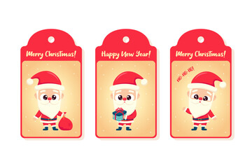 Christmas gift tags set with cute Santa Claus. Vector illustration.