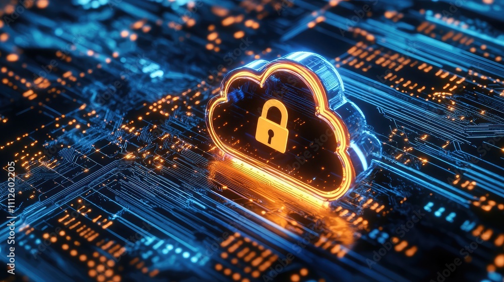 Poster a futuristic representation of a secure cloud with glowing locks and data streams