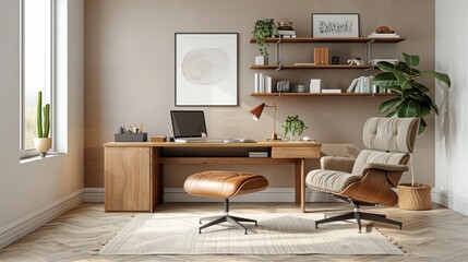Obraz premium Minimalist Scandinavian Home Office with Light Wood Furniture and Neutral Color Scheme