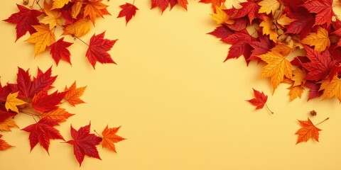 Fototapeta premium A vibrant autumnal scene with a border of red and orange maple leaves on a soft yellow background