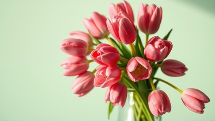 Obraz premium A vibrant bouquet of delicate pink tulips arranged in a clear vase, bathed in soft sunlight against a light green background