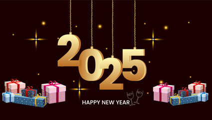  An elegant New Year greeting card featuring 2025 in golden numbers hanging from strings on a dark background with golden stars gift boxes and Happy New Year at the bottom