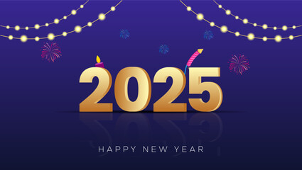 A vibrant New Year greeting card featuring 2025 in golden numbers on a dark blue background with colorful decorations lights party hats and confetti Happy New Year is written below