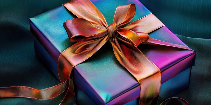 Colorful wrapped gift box decorated with Copper ribbo