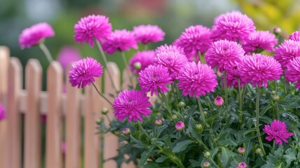 Obraz premium Vibrant Pink Aster Flowers Surrounded by a Wooden Fence in Garden