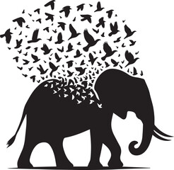 Obraz premium Elephant silhouette with birds flying out from its body vector