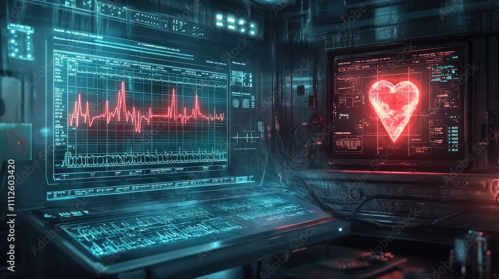 Poster a glowing ecg machine displaying heart activity in real-time