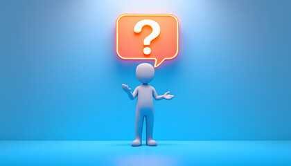 A 3D-rendered humanoid figure stands on a light blue background, gesturing toward a speech bubble with a large question mark, symbolizing curiosity or inquiry.