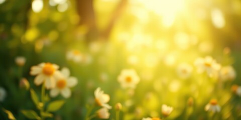 Obraz premium A blurry sunset with a bokeh effect, depicting the delicate beauty of a field of wildflowers bathed in golden light.