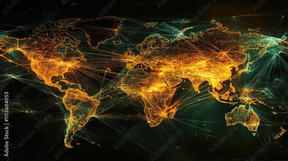 Poster a glowing map with interconnected lines representing migration paths