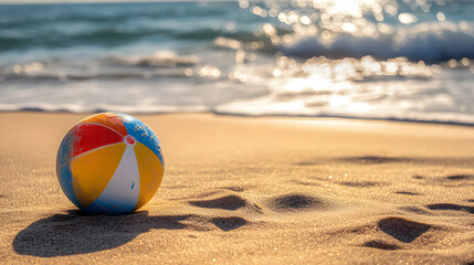 Obraz premium vibrant beach ball rests on golden sands of beach, capturing essence of summer fun. sun glistens on water, creating joyful atmosphere