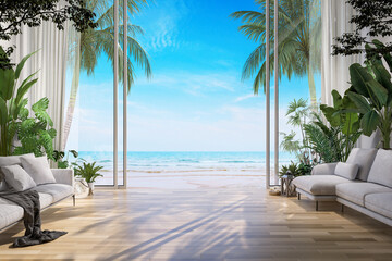 Modern style comfortable white living room with open the door to see the sea view 3d render