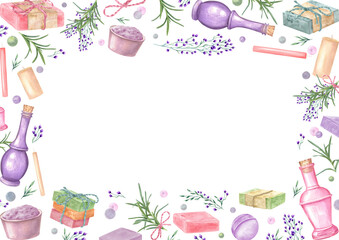 Watercolor delicate spa floral rectangle frame with empty space for text. Candle, bowl with salt, lavender, herbs, bottle, soap bars, bath bomb illustration. Horizontal border in pastel colors