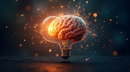 Fototapeta premium Glowing brain inside a light bulb represents the power of creativity and innovative thinking. Sparks and glowing lights emphasize the concept of bright ideas and imaginative breakthroughs.