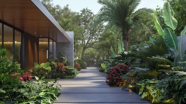 Animation of the backyard garden concrete walkway of modern loft style house is a tropical style lush forest garden 3d render illustration.