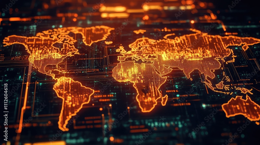Poster a glowing shield overlayed on a digital world map with data patterns