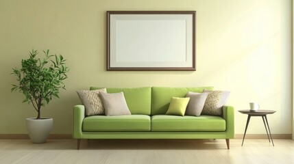 Fototapeta premium Cozy living room with a green sofa, decorative pillows, and a plant.