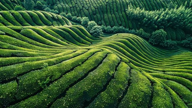 Lush green tea plantations create stunning patterns on rolling hills in serene landscape