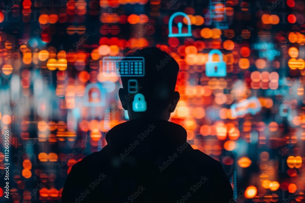 Poster abstract representation of cybersecurity challenges with silhouette of individual against digital ba
