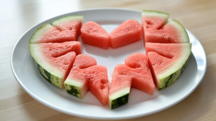 Heart-Shaped Watermelon Slices Arranged on a White Plate