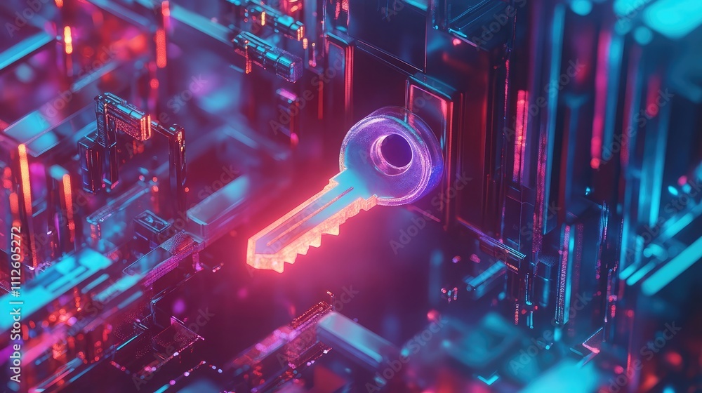 Poster a holographic depiction of a key unlocking a glowing secure data stream