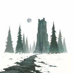 Mysterious tower rises amidst snowy landscape under full moon in serene forest