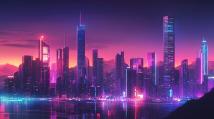 Obraz premium A futuristic city skyline illuminated by neon electric lights.