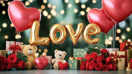 Festive love and teddy bears amidst floral decor.
