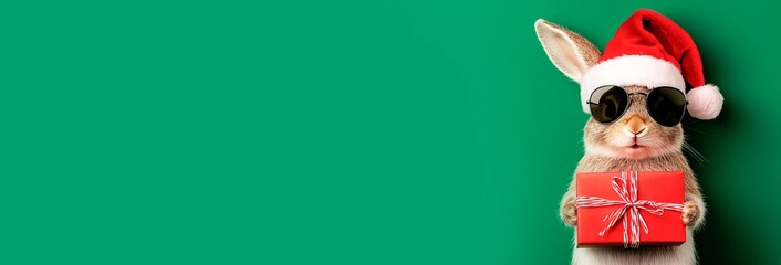 rabitt in a Santa Claus hat and sunglasses holds a gift box on a green background, with space for text. A Christmas card with a cute animal character, funny rabitt in a New Year's costume,