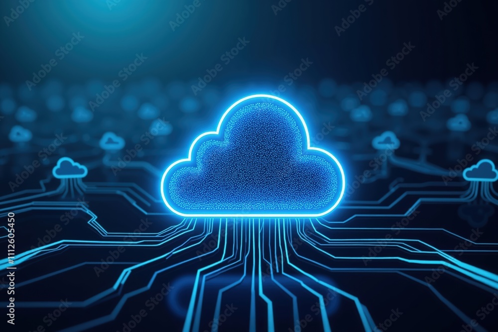 Poster futuristic cloud computing concept with neon glow and digital network connections.