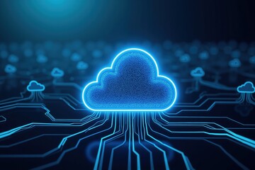 Futuristic cloud computing concept with neon glow and digital network connections.