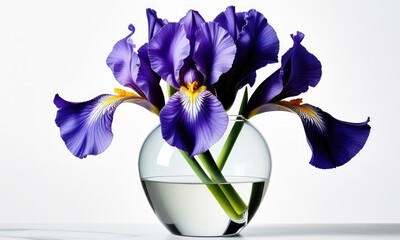 Elegant purple irises in clear glass vase with water on white background © PlatypusMi86