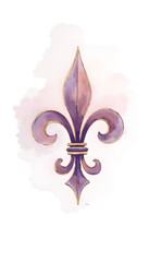 Watercolor illustration of a delicate fleur-de-lis painted in pastel shades of gold and purple, blending into a textured white background