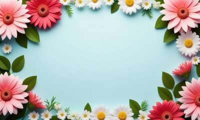 Obraz premium Floral frame with gerbera daisies and greenery on blue background