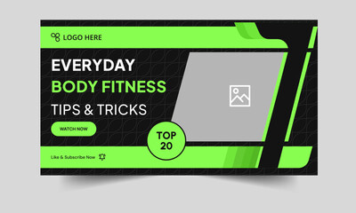 Daily workout plan techniques video thumbnail banner design, body fitness and yoga tips video cover banner design, editable vector eps 10 file format
