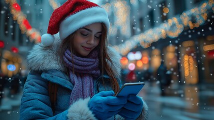 Young Woman in Santa Hat Using Smartphone on Festive City Street with Snowfall and Holiday Lights in Background