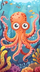 Obraz premium Octopus and beautiful underwater scenery, Underwater Scene with Incredible Commotion of an Octopus