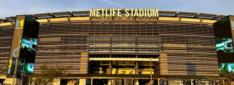 East Rutherford, USA - September 20, 2024: Sign of Metlife stadium exterior of building facade on game night in New Jersey