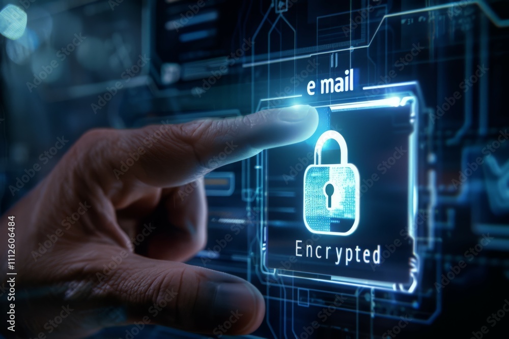 Poster close-up of finger touching digital encrypted email icon on screen highlighting cybersecurity and da