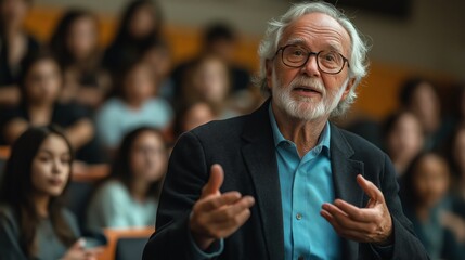 Senior Professor Giving a Lecture to Engaged Students in University Classroom with Warm Lighting and Academic Atmosphere